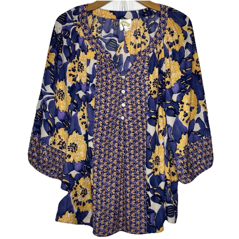 Fig & Flower Top Tunic 2X Purple Blue Yellow Floral  3/4 Sleeve V-Neck  Boho